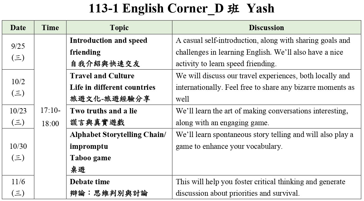 113 1 English Corner D班 Yash